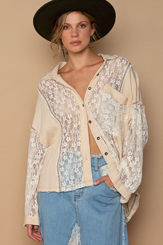 Women's POL Oversize Lace Button-Down Shirt