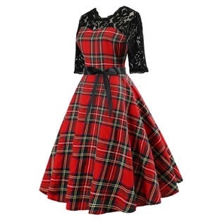 Women Lace Half Sleeve Plaid Casual Dress - C3866TCD