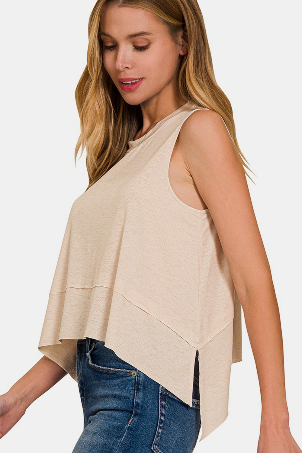 Women's Zenana Exposed Seam Slit Round Neck Tank