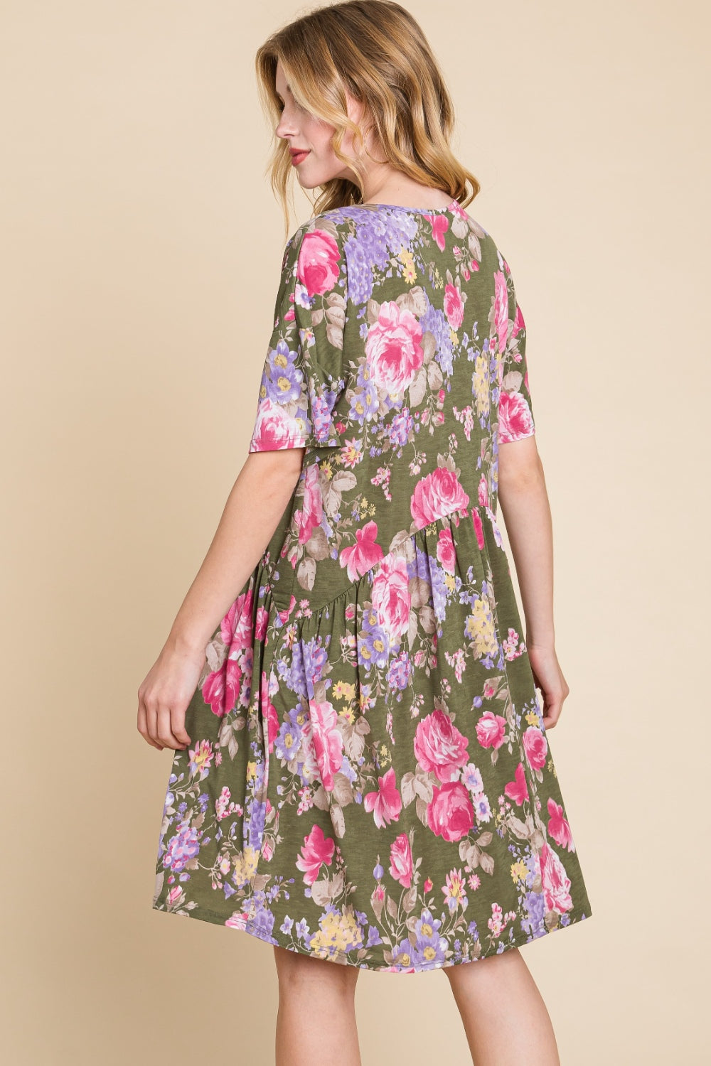 Women's BOMBOM Flower Print V-Neck Ruched Dress