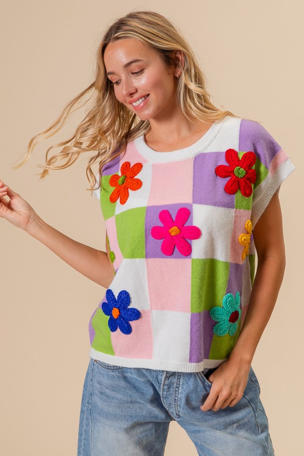 Womne's BiBi Flower Patch Checkered Sweater Vest