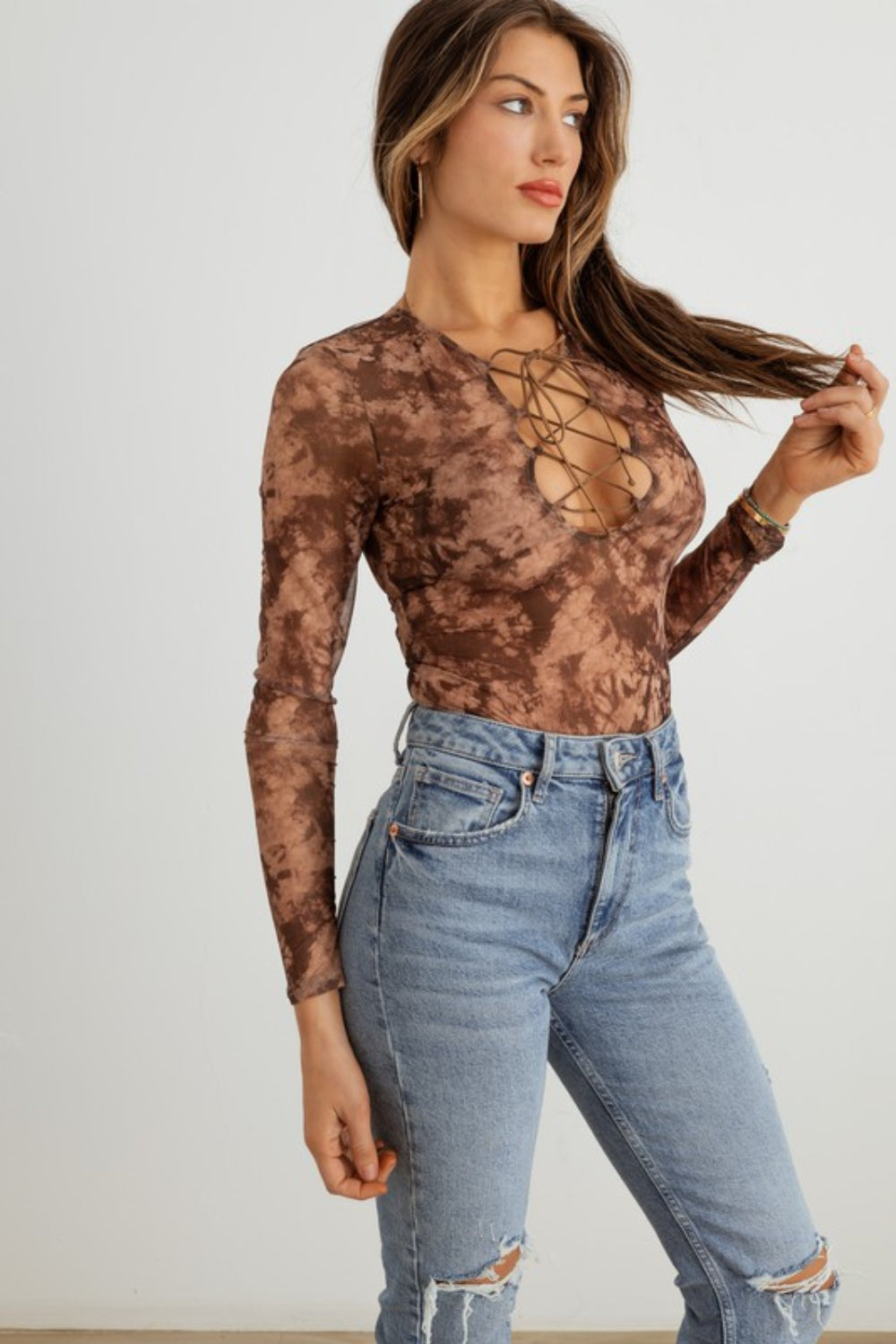 Women's HERA COLLECTION Abstract Mesh Lace-Up Long Sleeve Bodysuit