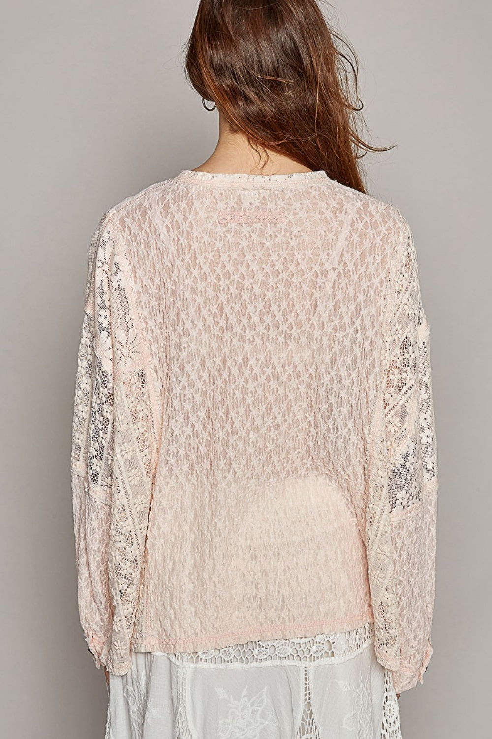 Women's POL Round Neck Long Sleeve Raw Edge Lace Top