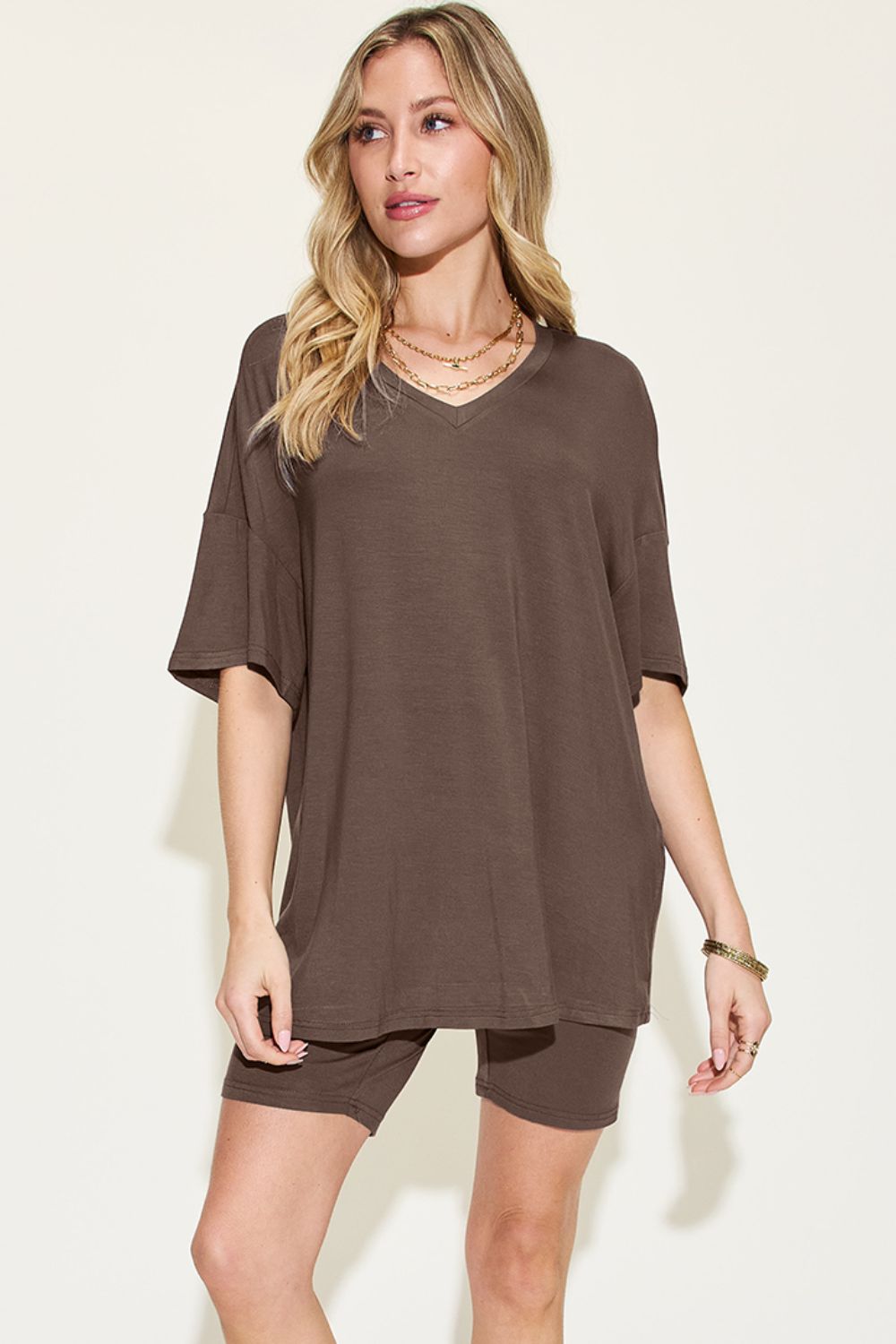 Women's Basic Bae Full Size V-Neck Drop Shoulder T-Shirt and Shorts Set