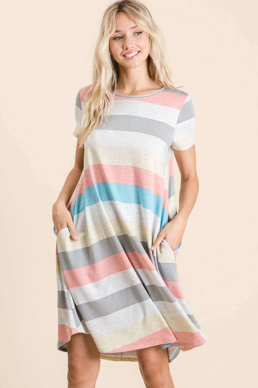 Women's BOMBOM Striped Short Sleeve Dress with Pockets