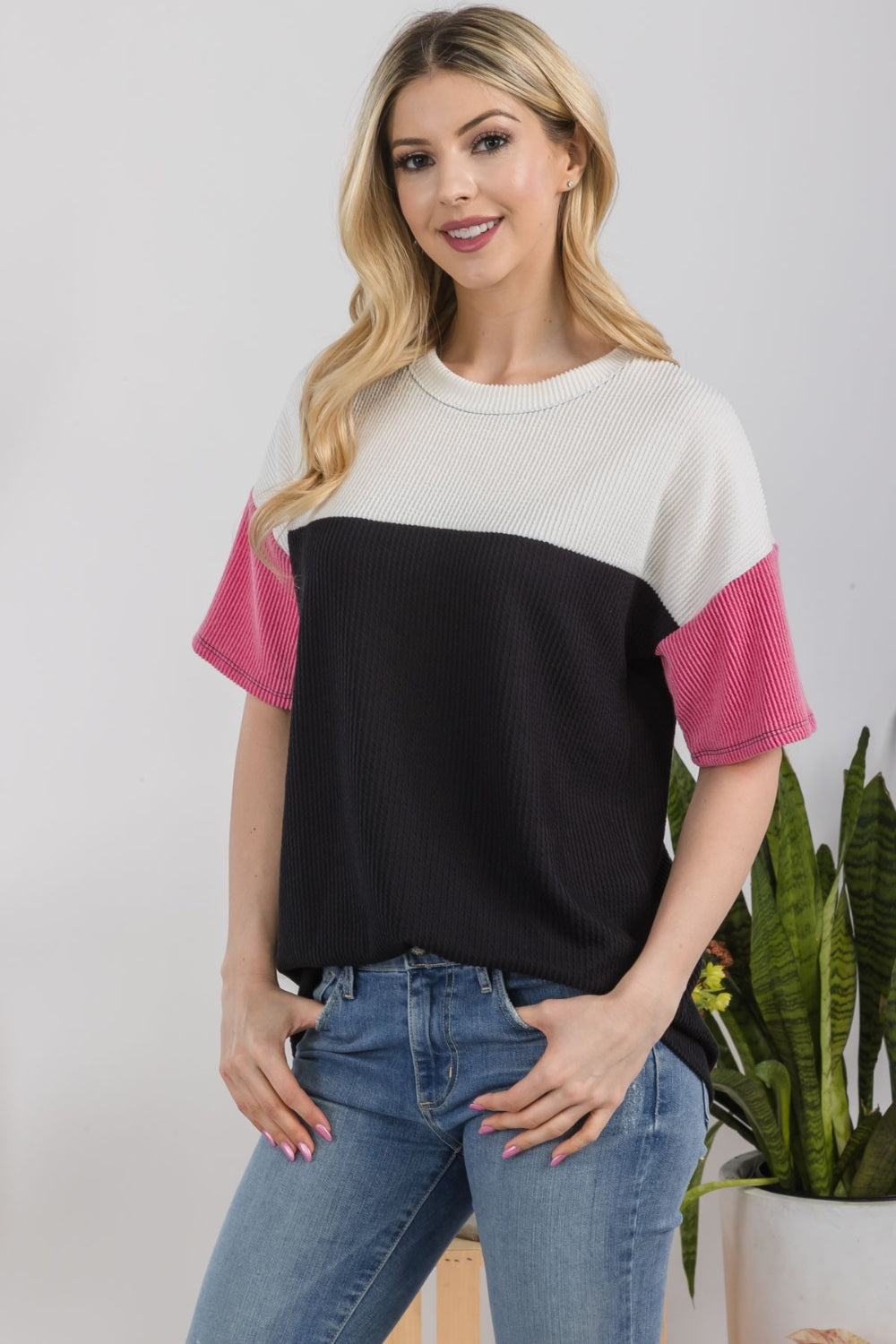 Women's Celeste Full Size Ribbed Color Block T-Shirt