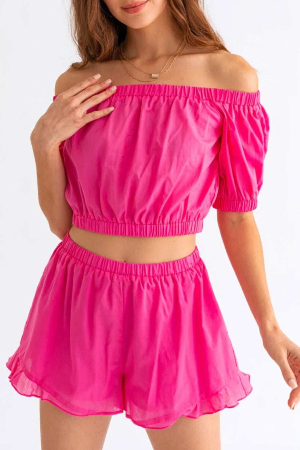 Women's Le Lis Off Shoulder Crop Top and Ruffled Shorts Set