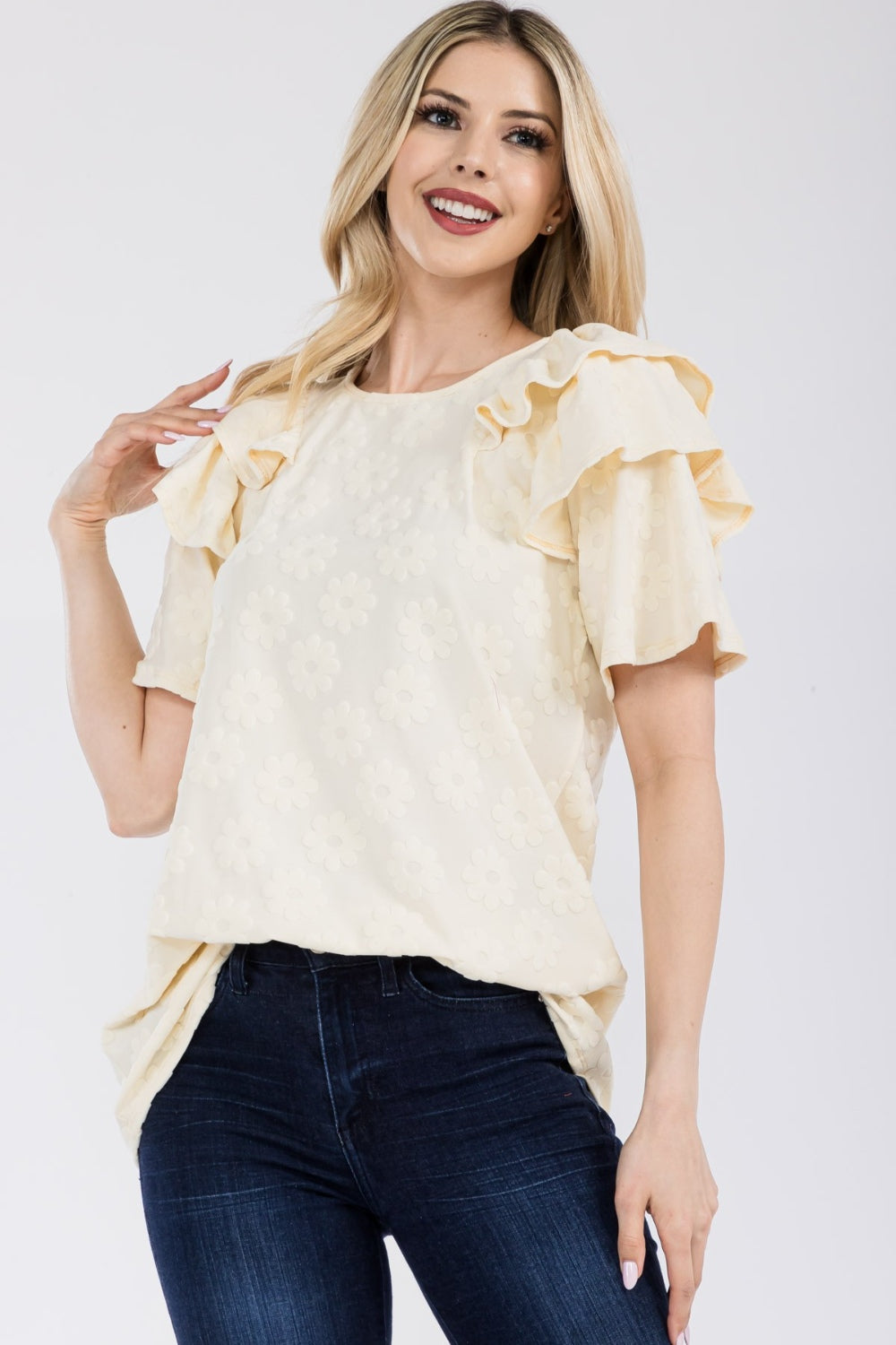 Women's Celeste Full Size Ruffle Layered Short Sleeve Daisy Floral Top