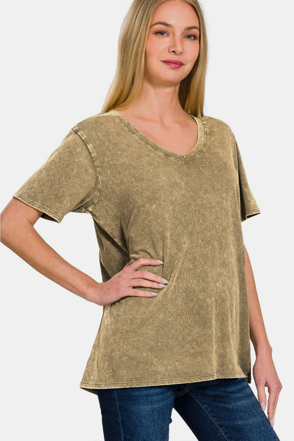 Women's Zenana Washed Short Sleeve V-Neck T-Shirt