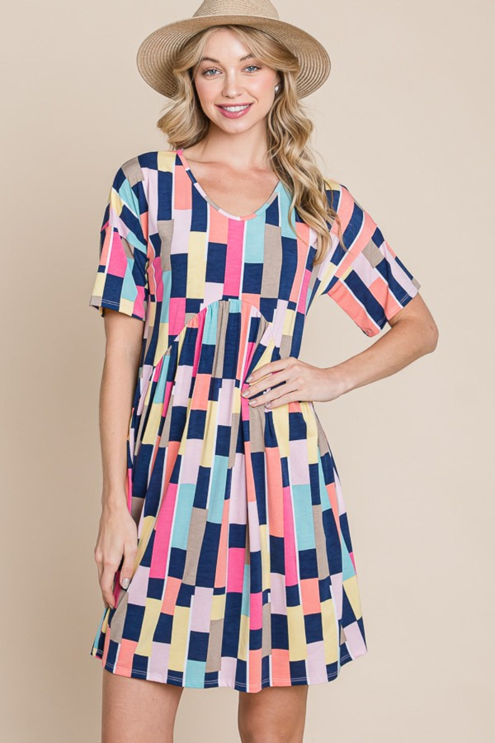 Women's BOMBOM Ruched Color Block Short Sleeve Mini Dress