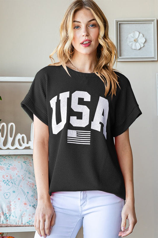 Women's Heimish Full Size USA Graphic Short Sleeve Ribbed Top