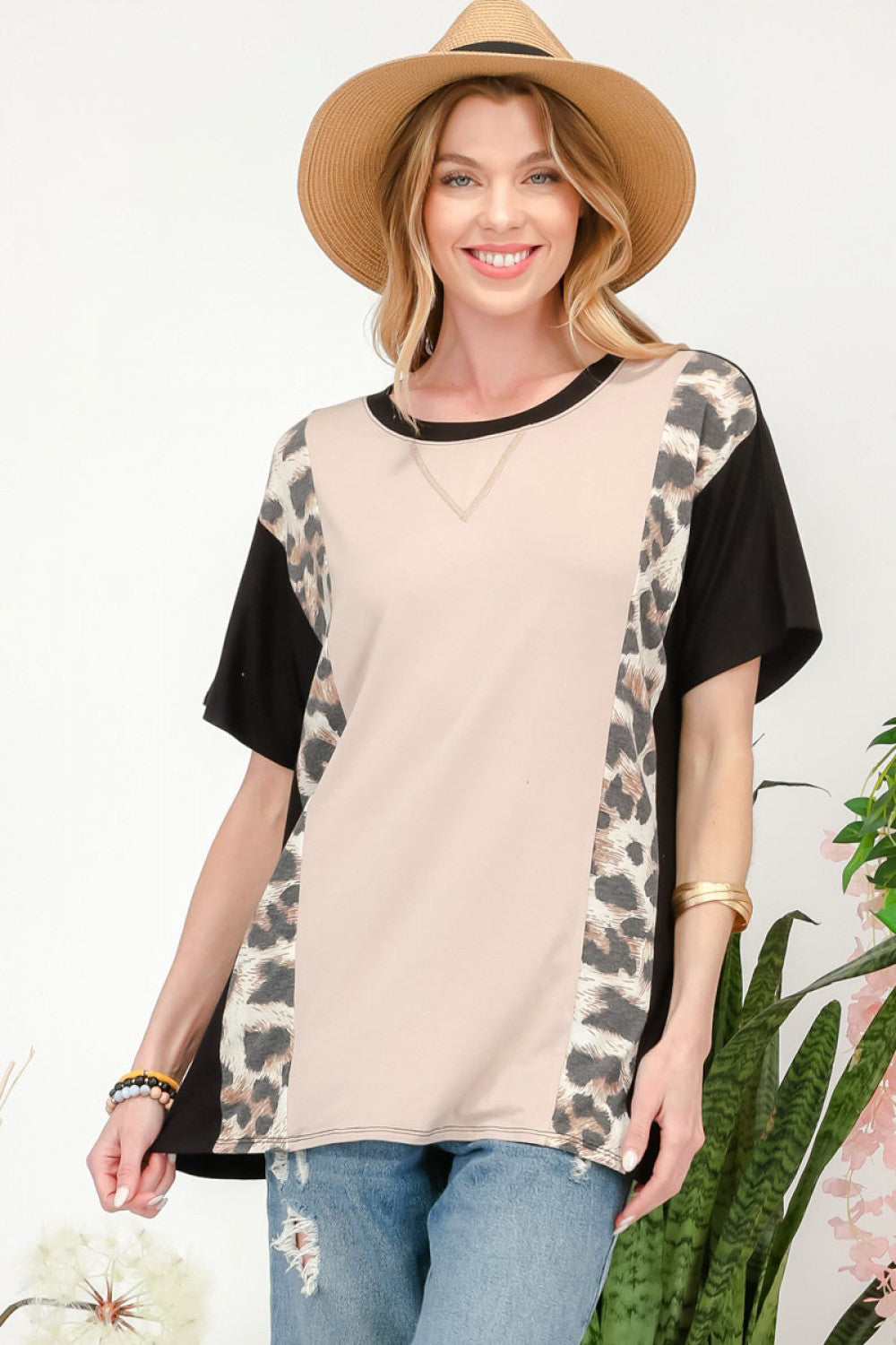 Women's Celeste Full Size Leopard Color Block T-Shirt