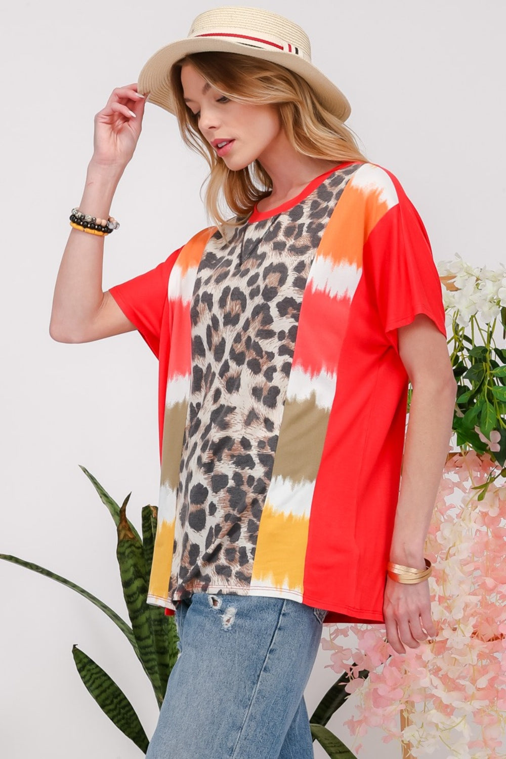 Women's Celeste Full Size Leopard Color Block T-Shirt