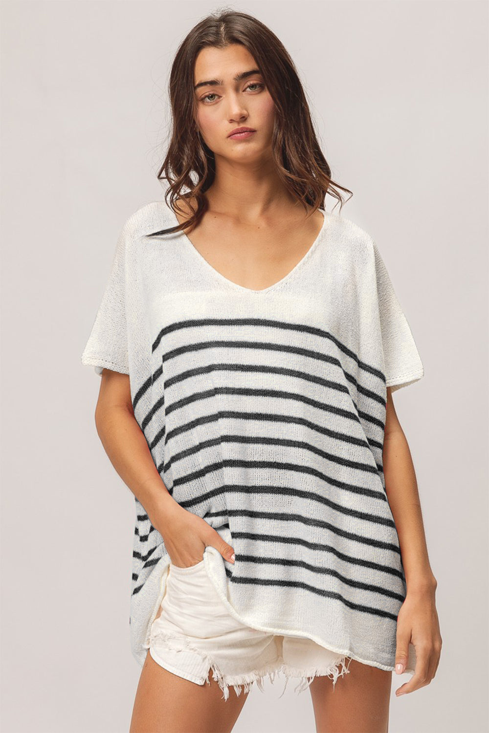 Women's BiBi V Neck Striped Short Sleeve Top