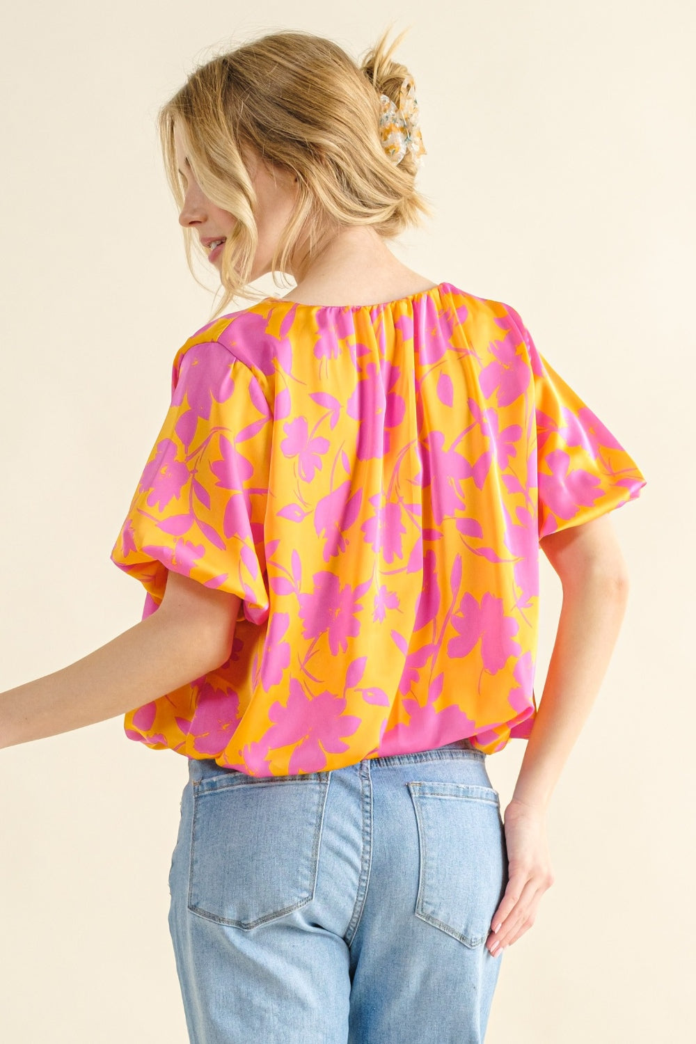 Women's And The Why Full Size Printed Satin Bubble Hem Top