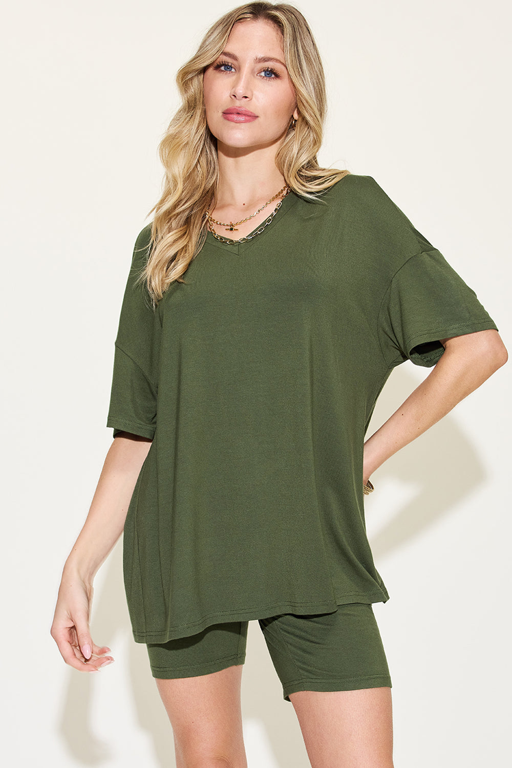 Women's Basic Bae Full Size V-Neck Drop Shoulder T-Shirt and Shorts Set