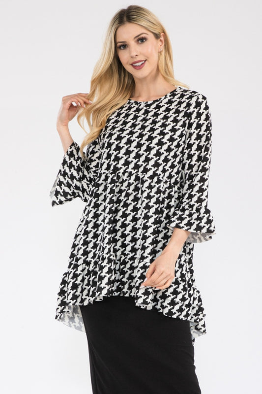 Women's Celeste Full Size Houndstooth Flounce Sleeve High-Low Top