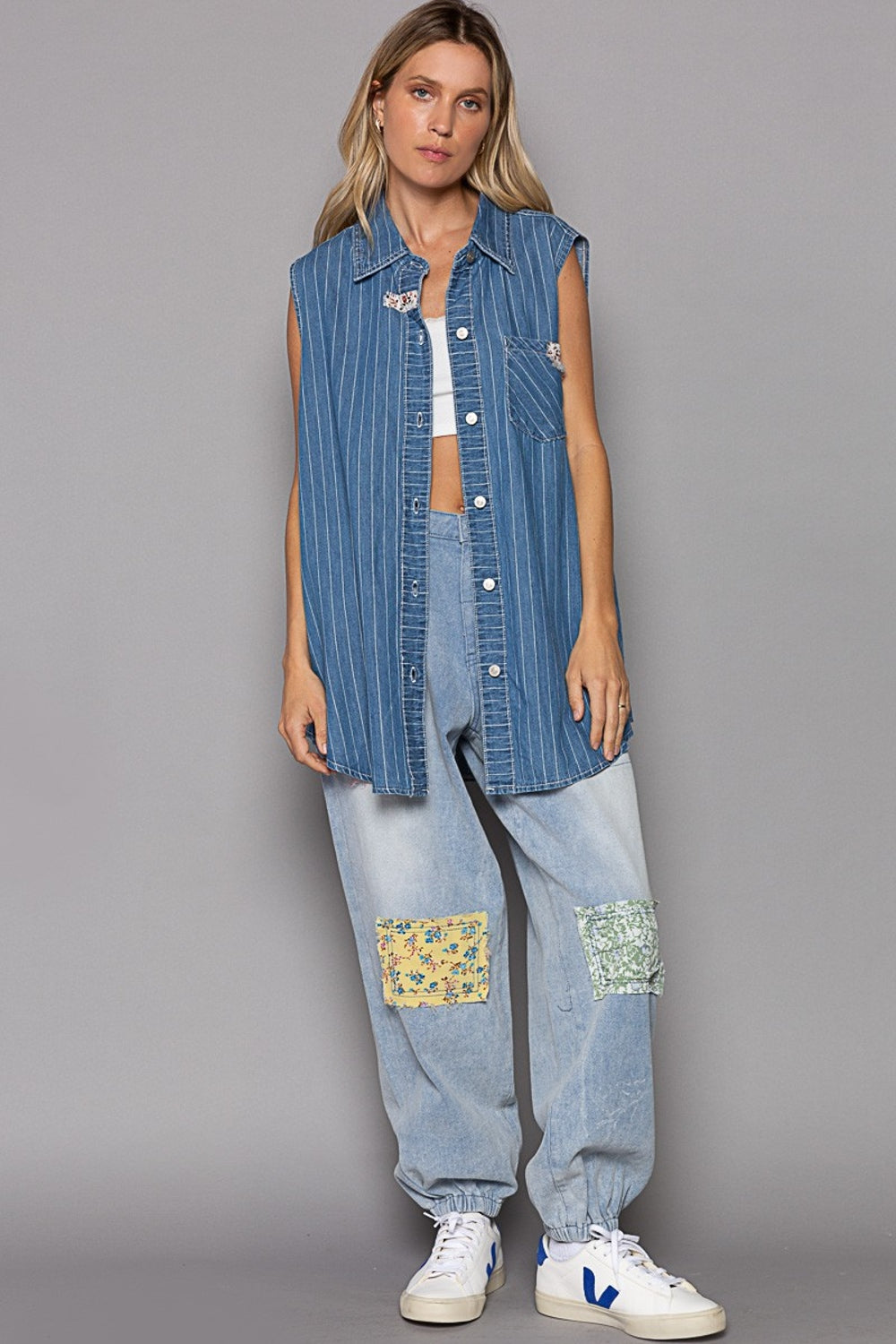 Women's POL Button Down Sleeveless Striped Denim Shirt