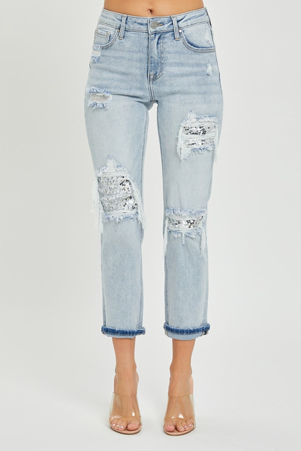 Women's RISEN Mid-Rise Sequin Patched Jeans