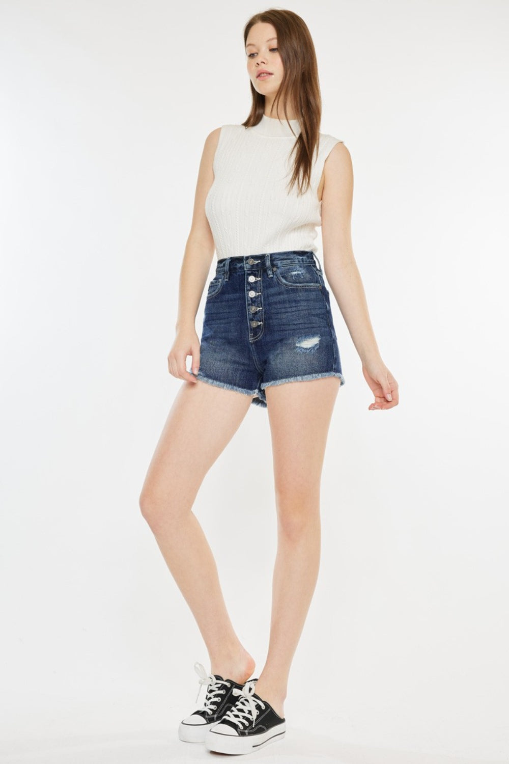 Women's Kancan Raw Hem Button Fly Denim Shorts