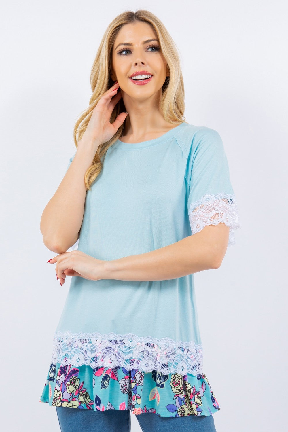 Women's Celeste Full Size Lace Trim Short Sleeve Top