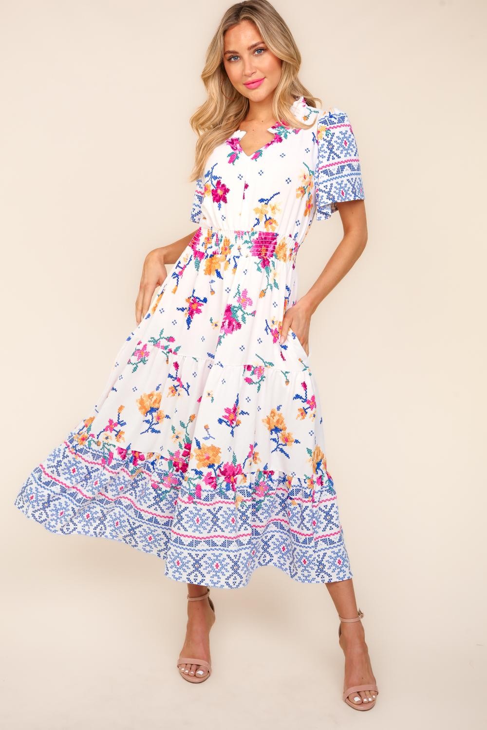 Women's Haptics Printed Notched Short Sleeve Tiered Dress