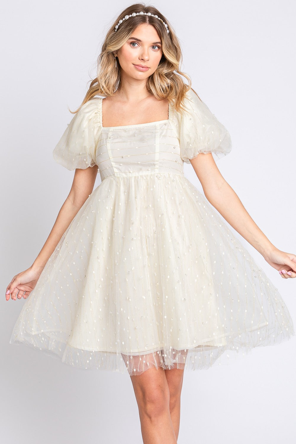 Women's GeeGee Pearl Mesh Puff Sleeve Babydoll Dress