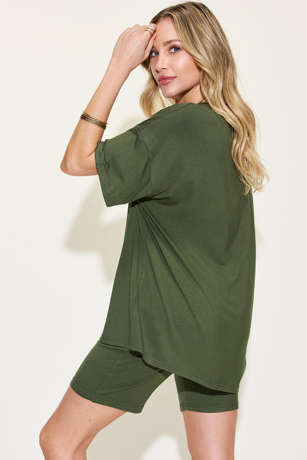 Women's Basic Bae Full Size V-Neck Drop Shoulder T-Shirt and Shorts Set