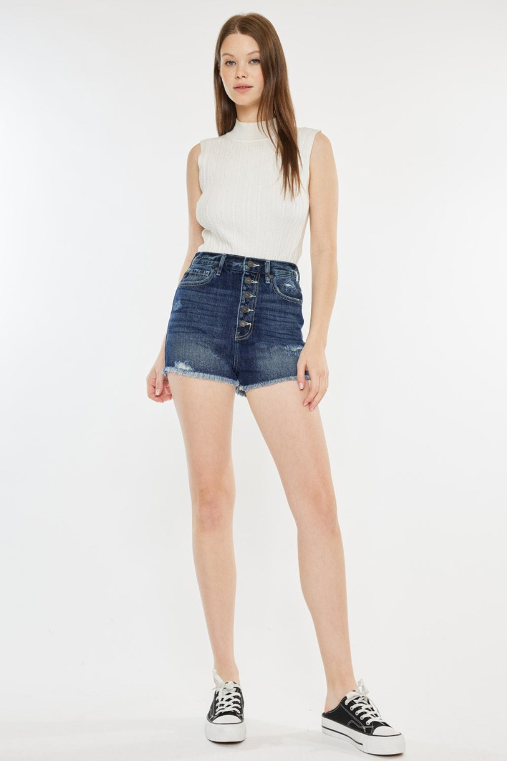 Women's Kancan Raw Hem Button Fly Denim Shorts