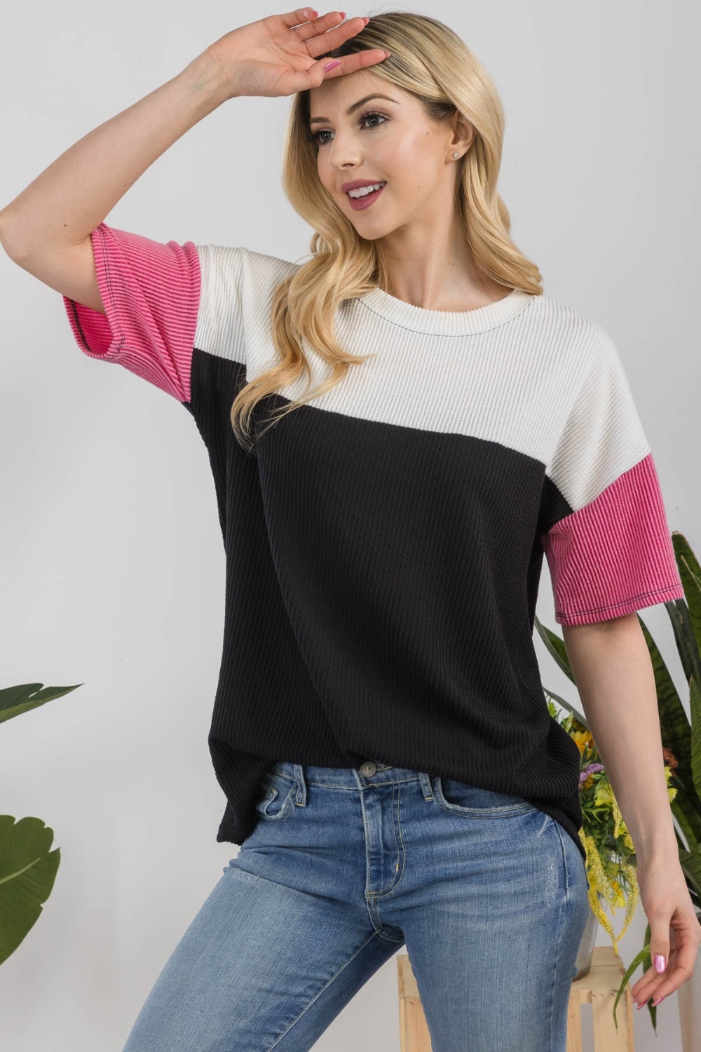 Women's Celeste Full Size Ribbed Color Block T-Shirt