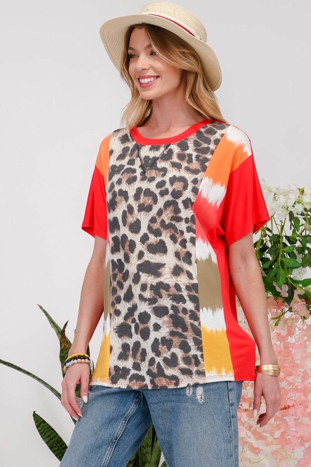 Women's Celeste Full Size Leopard Color Block T-Shirt