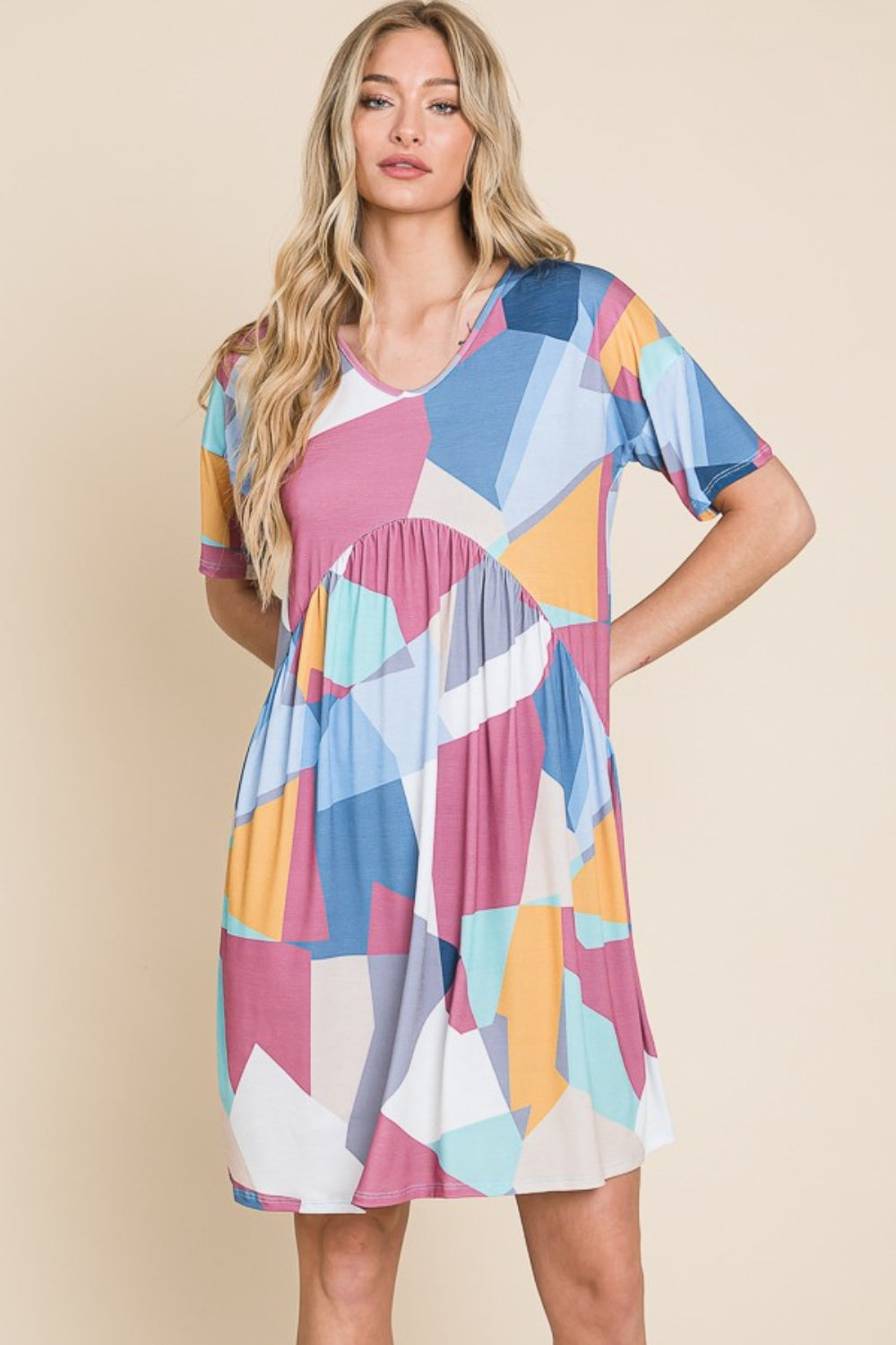 Women's BOMBOM Ruched Color Block Short Sleeve Dress