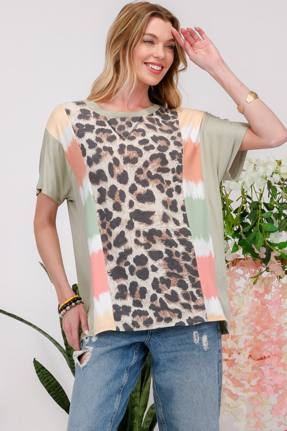 Women's Celeste Full Size Leopard Color Block T-Shirt