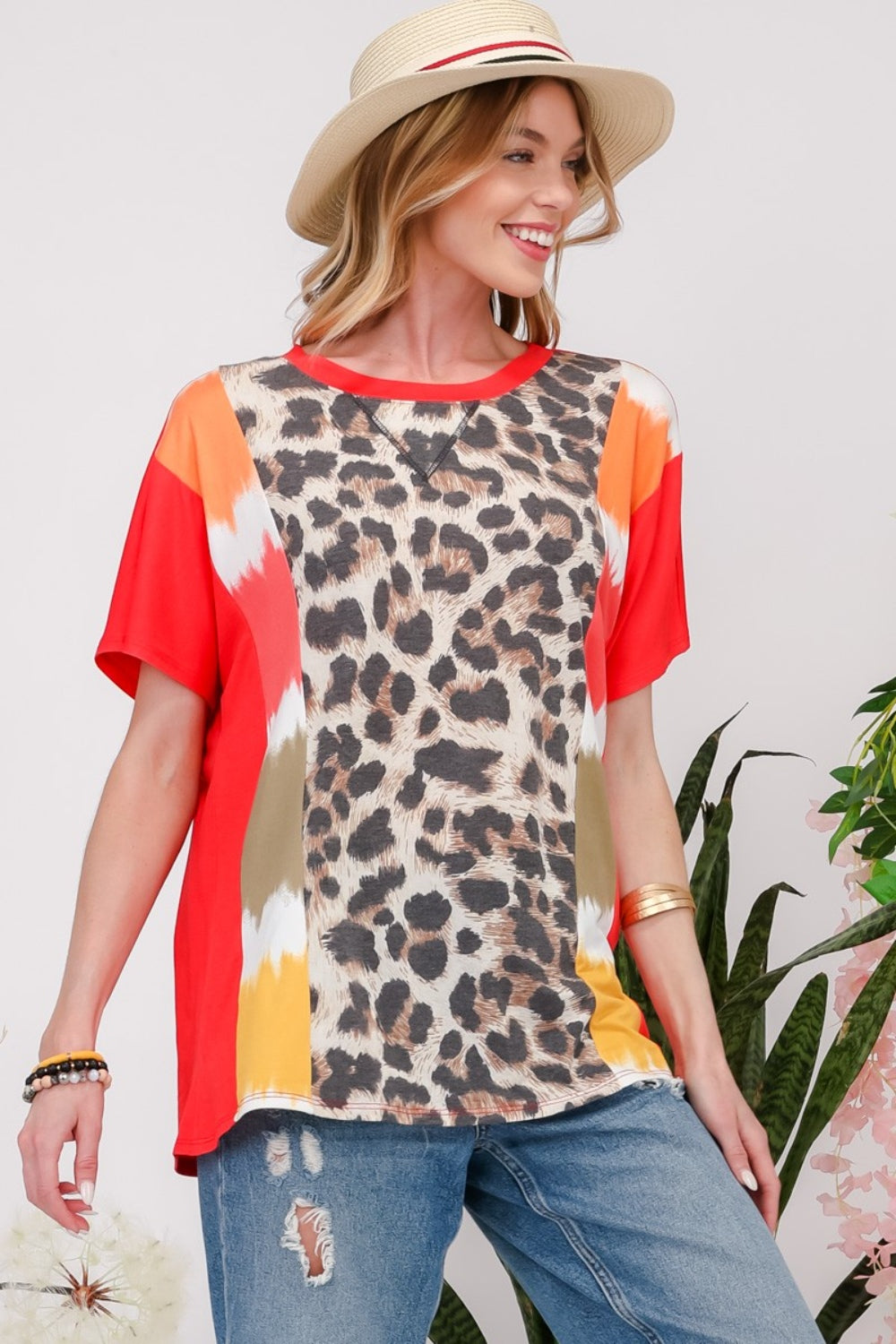 Women's Celeste Full Size Leopard Color Block T-Shirt