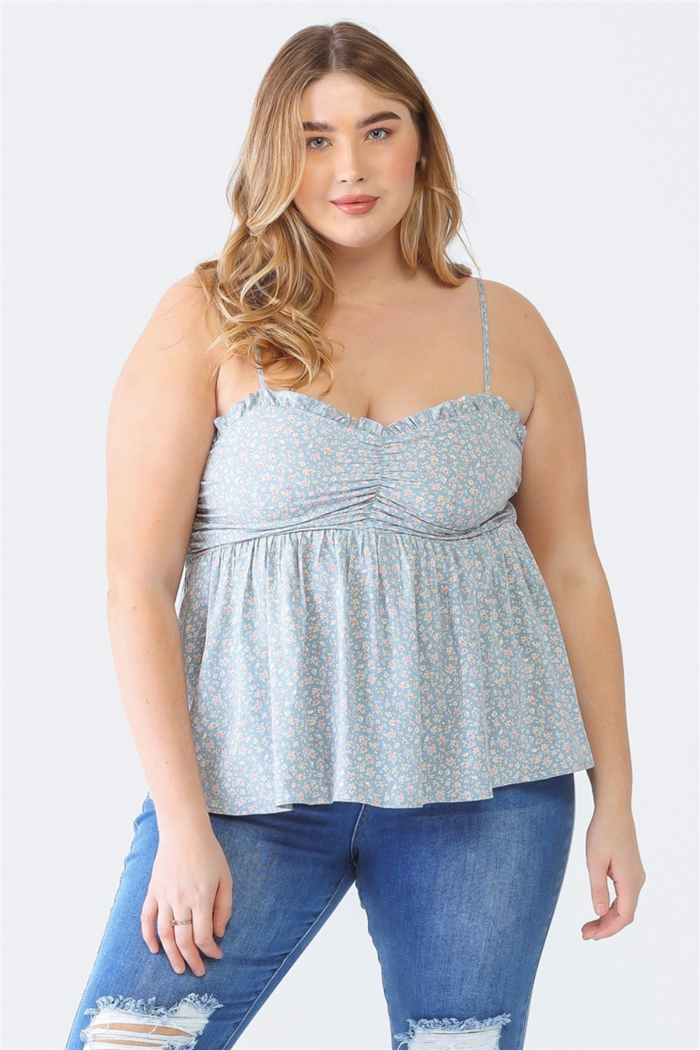 Women Plus Size Frill Smocked Floral Sweetheart Neck Cami