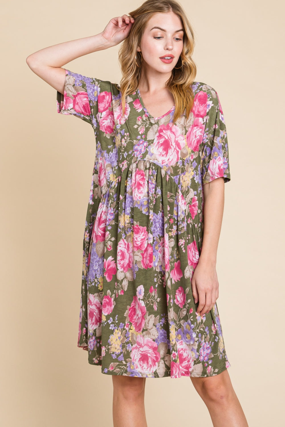 Women's BOMBOM Flower Print V-Neck Ruched Dress