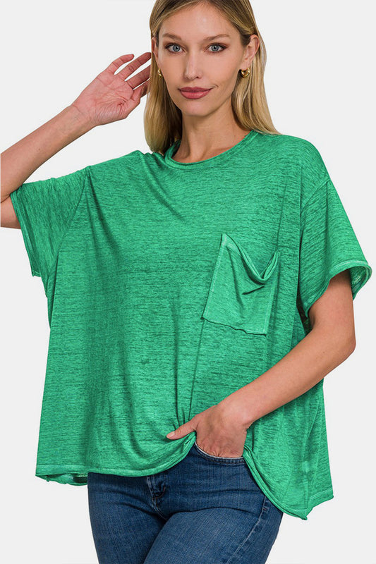 Women's Zenana Pocketed Round Neck Dropped Shoulder T-Shirt