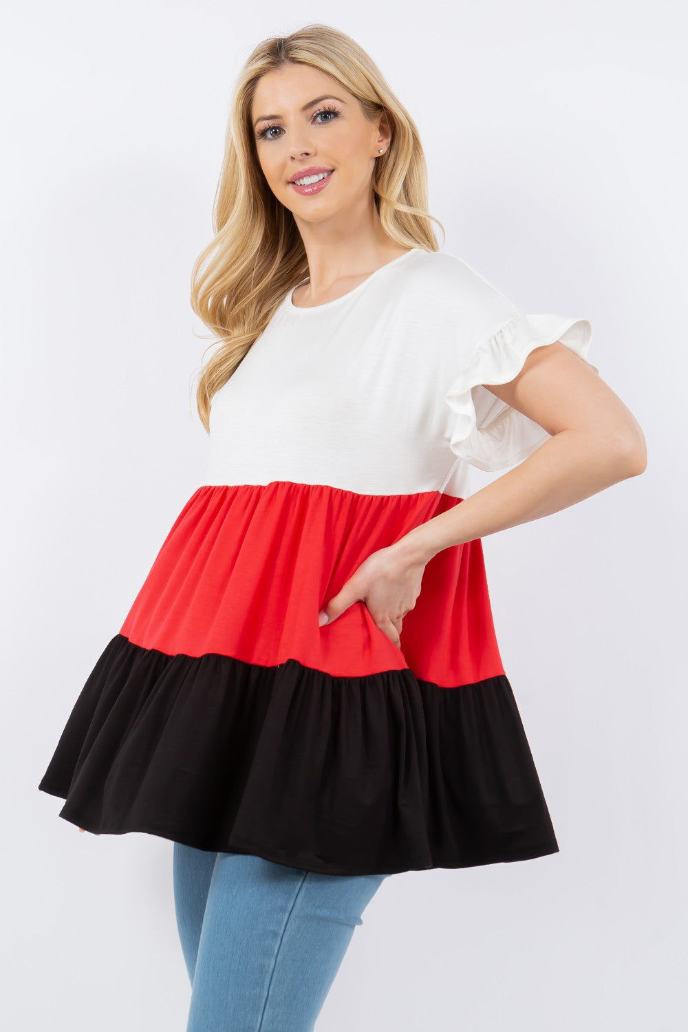 Women's Celeste Full Size Color Block Ruffled Short Sleeve Top