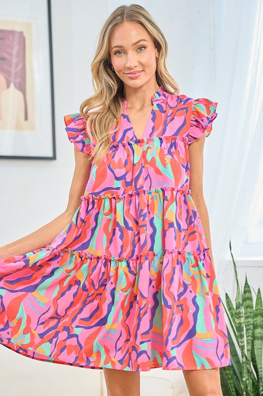 Women's First Love Full Size Printed Ruffle Cap Sleeve Tiered Dress