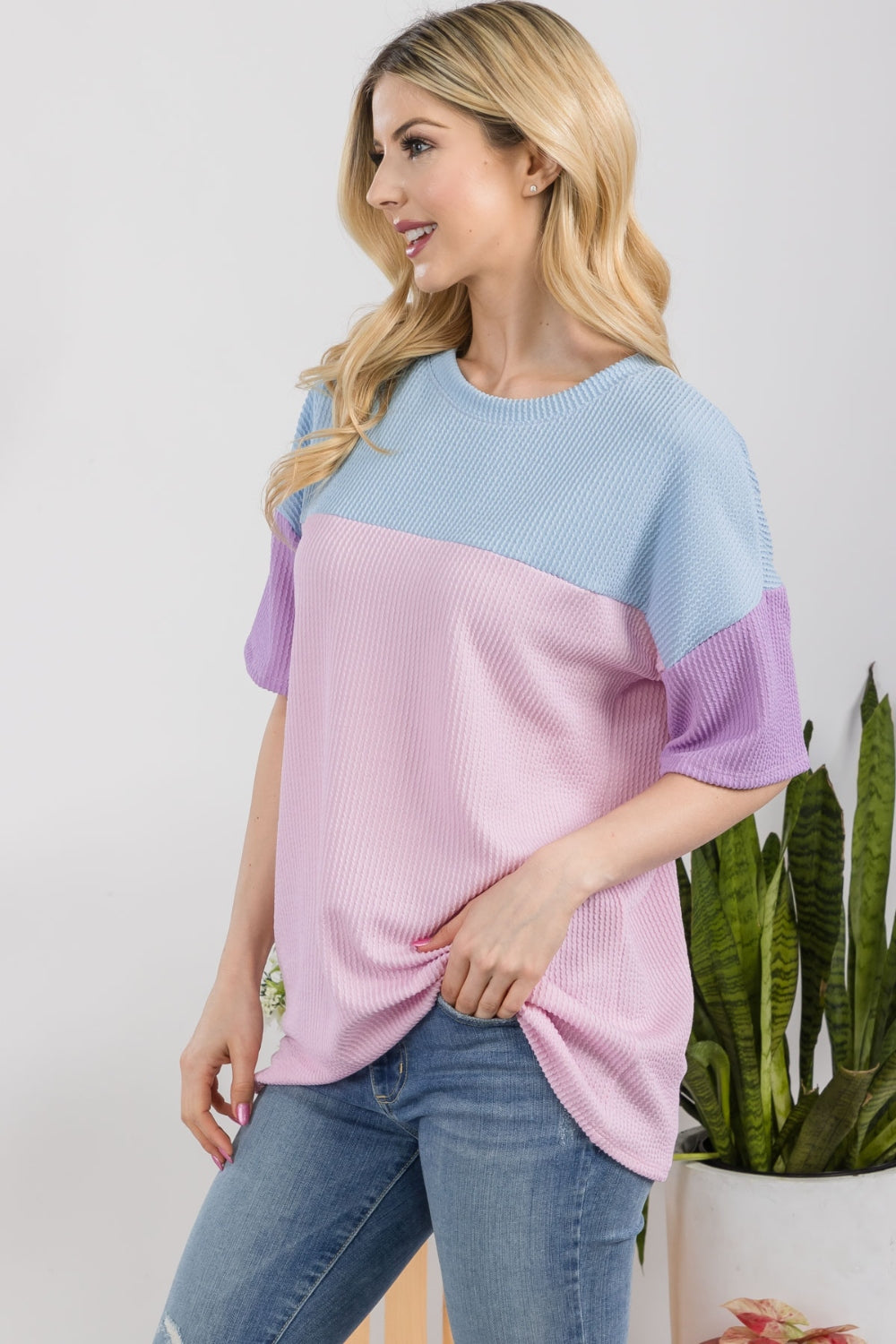 Women's Celeste Full Size Ribbed Color Block T-Shirt