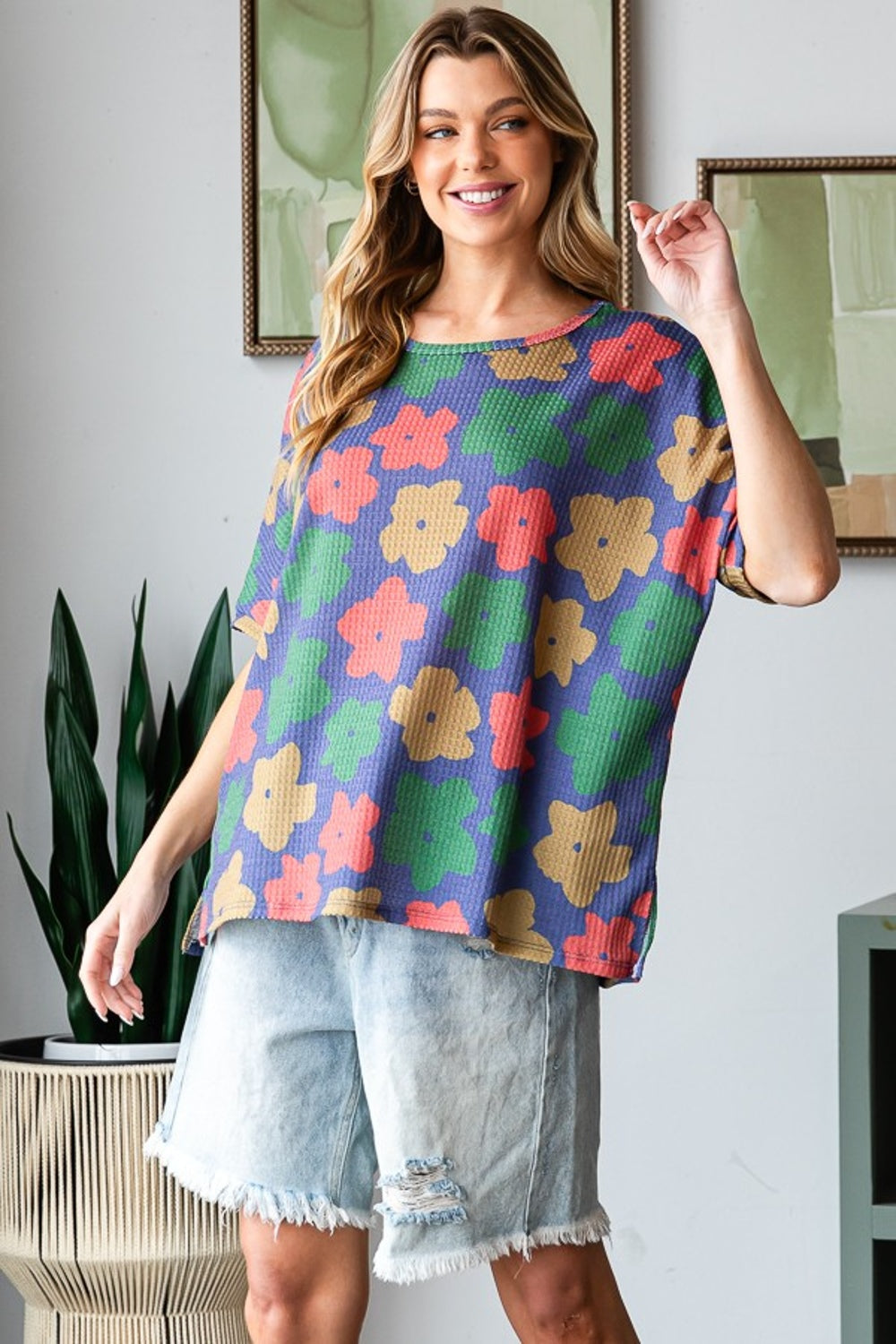 Women's HOPELY Full Size Floral Round Neck Side Slit T-Shirt