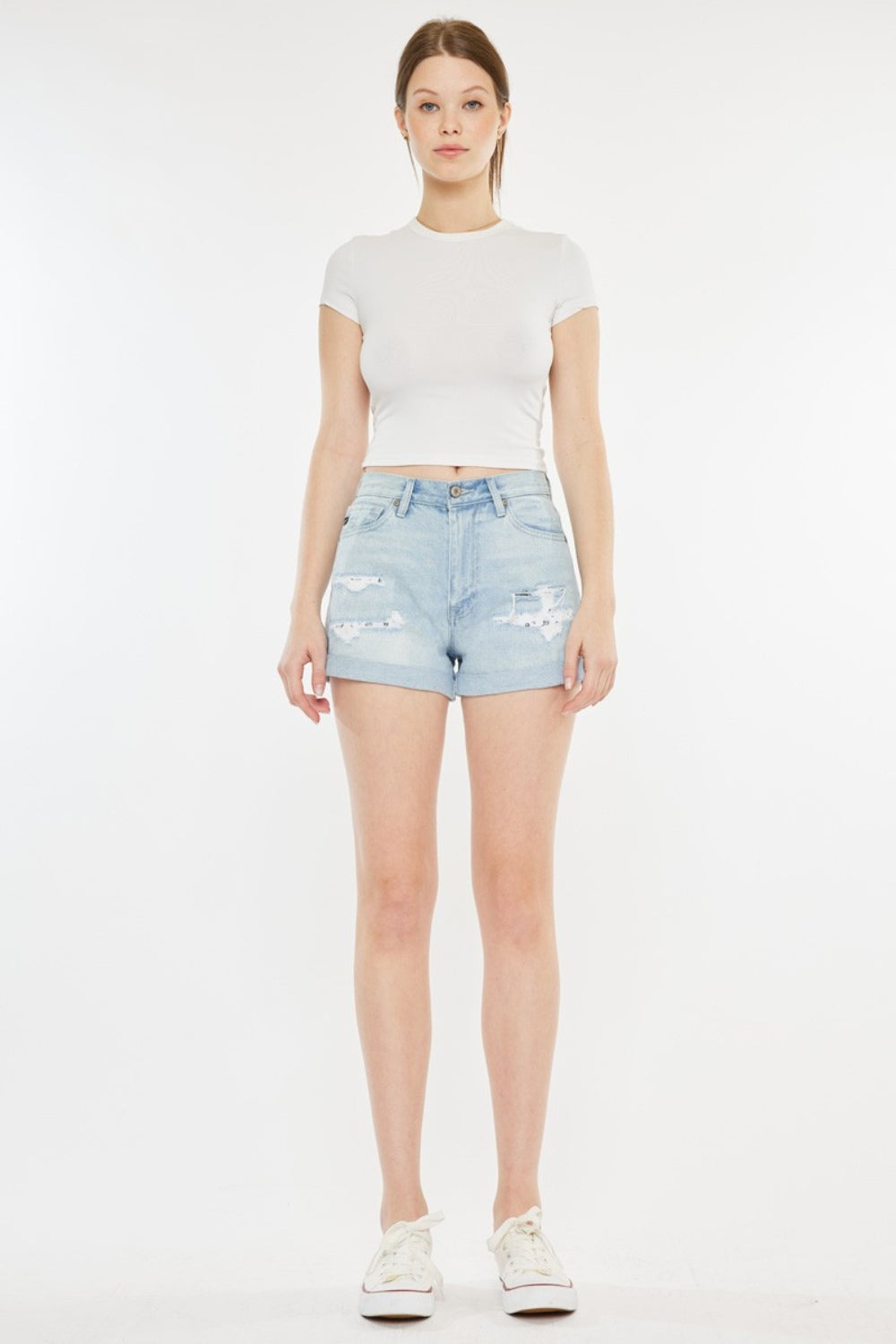 Women's Kancan High Rise Repaired Mom Denim Shorts