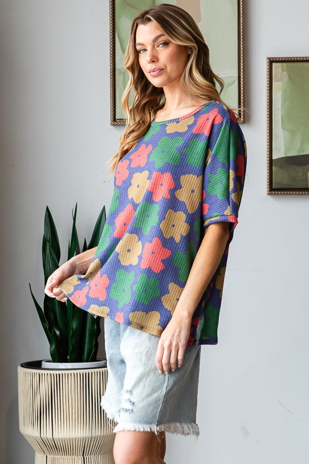 Women's HOPELY Full Size Floral Round Neck Side Slit T-Shirt