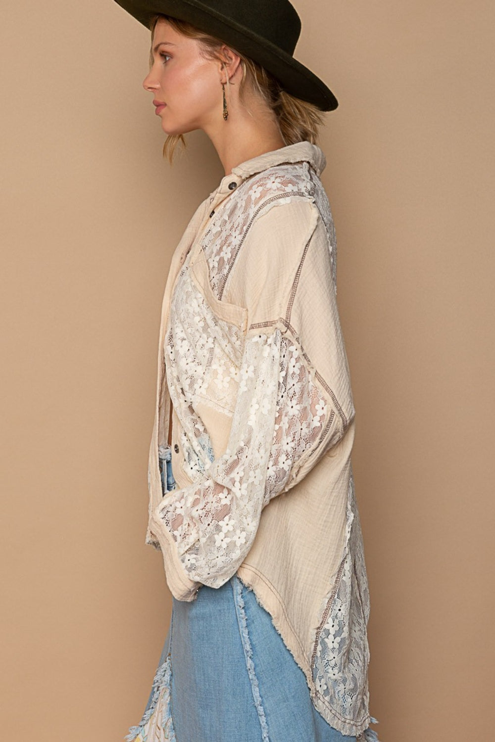 Women's POL Oversize Lace Button-Down Shirt