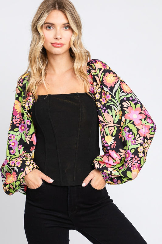 Women's ODDI Full Size Floral Balloon Sleeve Blouse