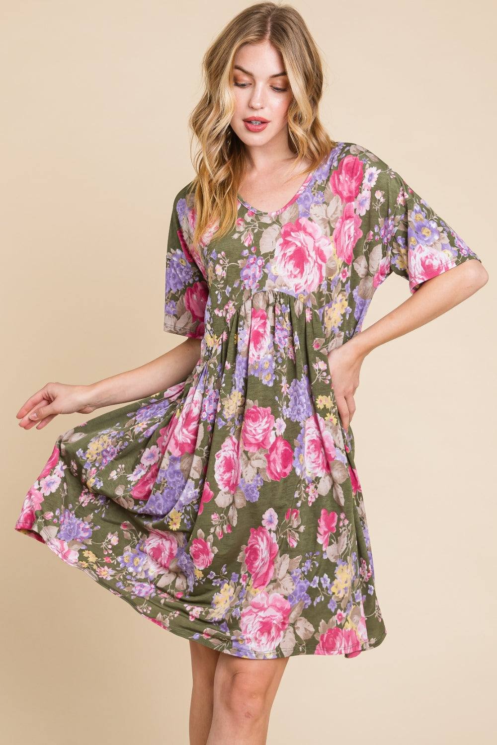 Women's BOMBOM Flower Print V-Neck Ruched Dress