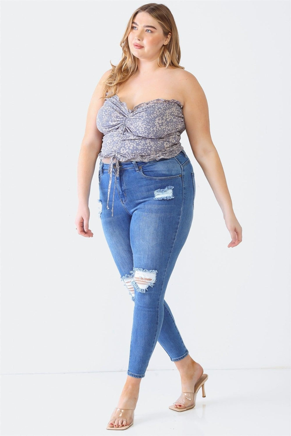 Women Plus Size Drawstring Smocked Floral Tube Top