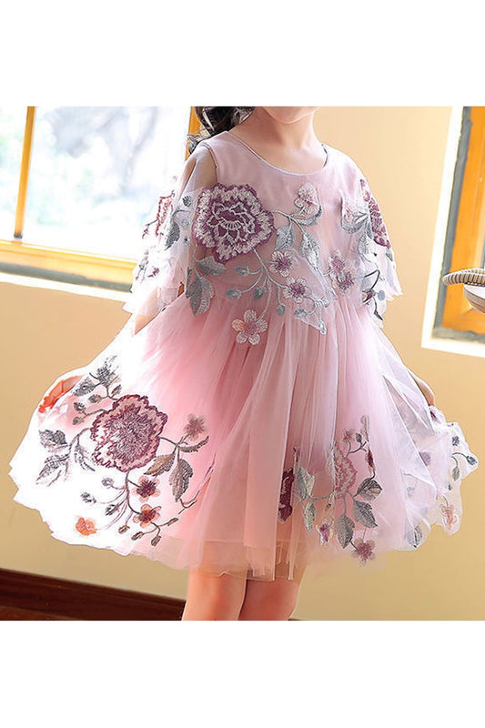 Kids Girls Superb Long Sleeve Thin Mesh Solid Color Ribbon Attached Cute Dress - C3545TCKGD