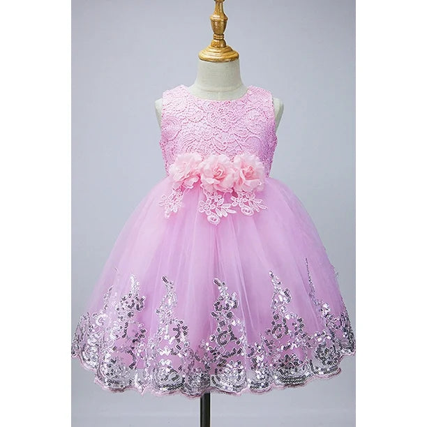 Kids Girls Flower Lace Decorated Pleated Princess Dress - KGD75446