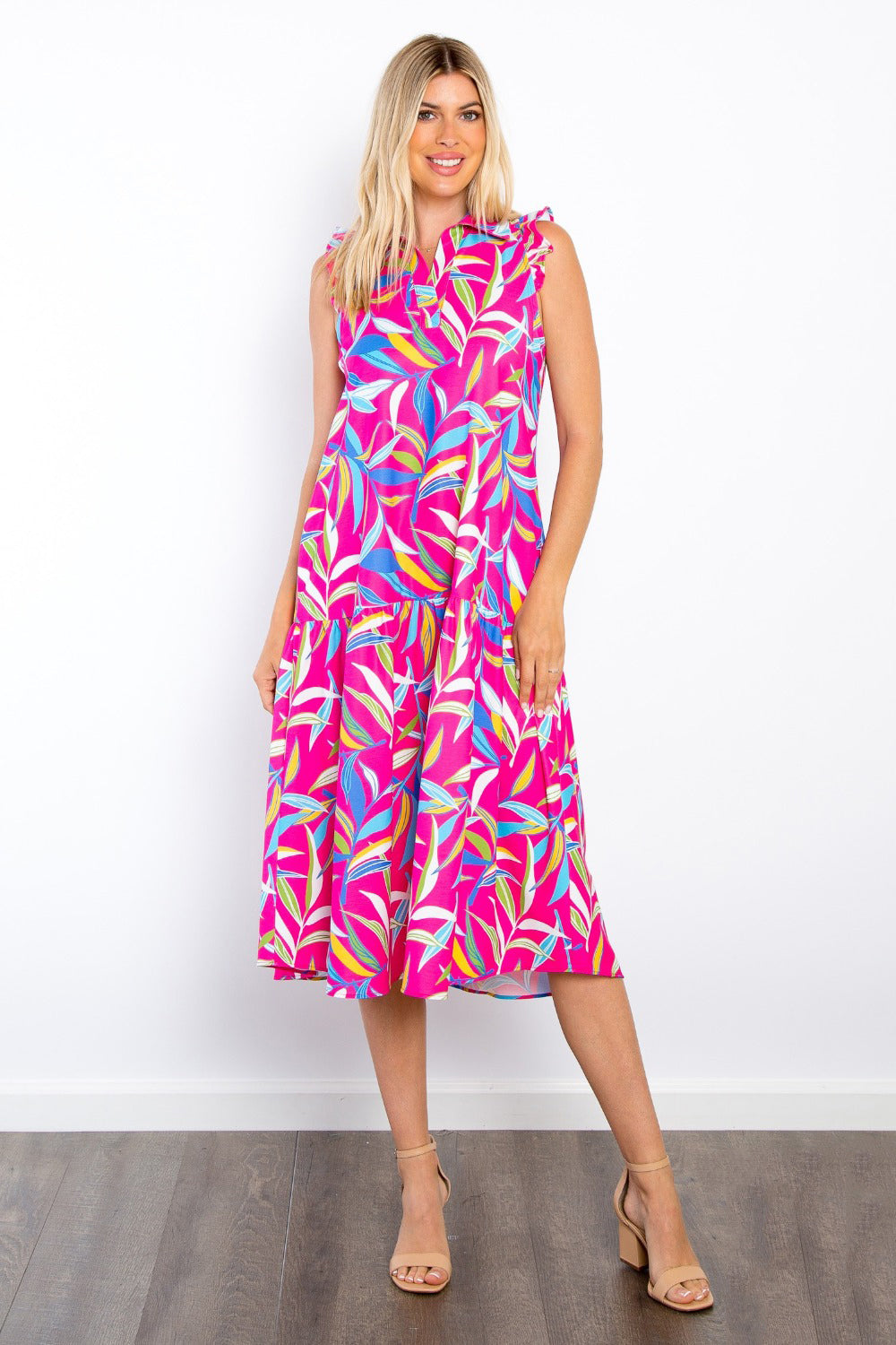 Women's Be Stage Print Ruffled Midi Dress with Pockets